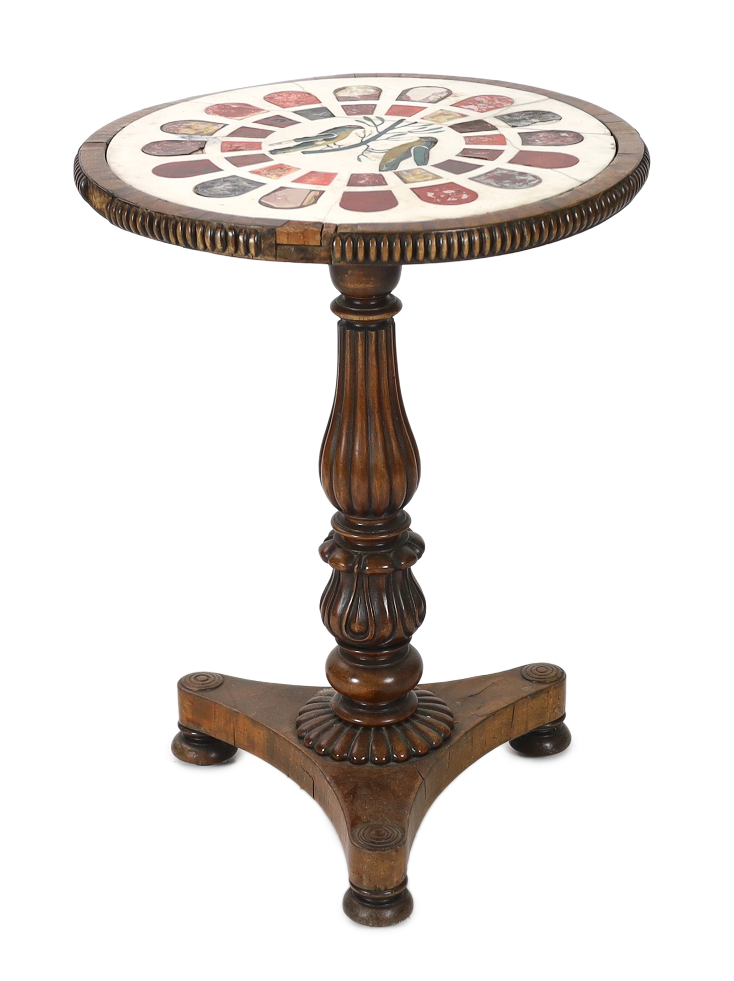 A 19th century Florentine pietra dura circular topped wine table, 56cm diameter, 75cm high, Please note this lot attracts an additional import tax of 5% on the hammer price